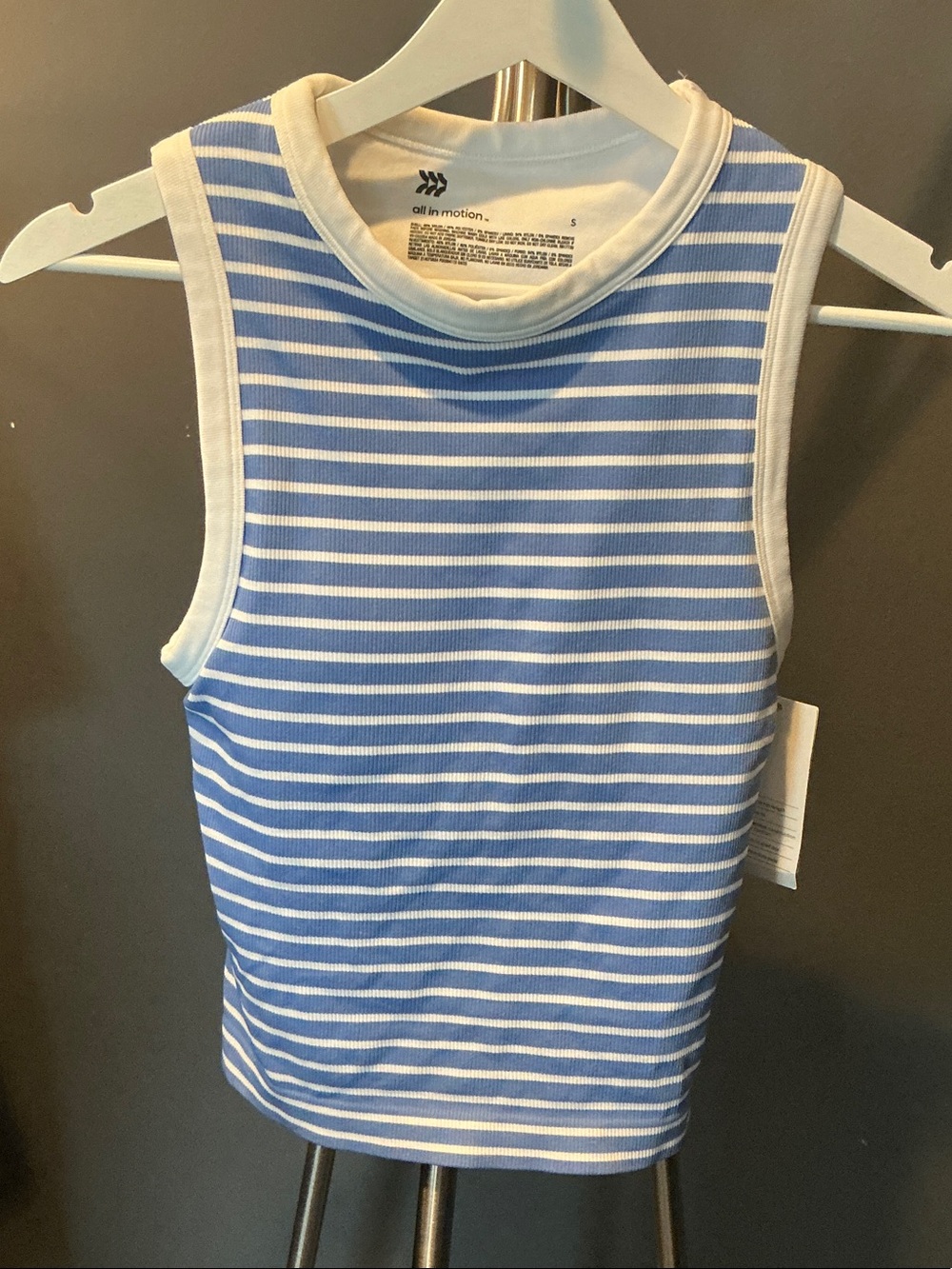 Blue & White Striped Ribbed Tank Top With Built-in Support Bra